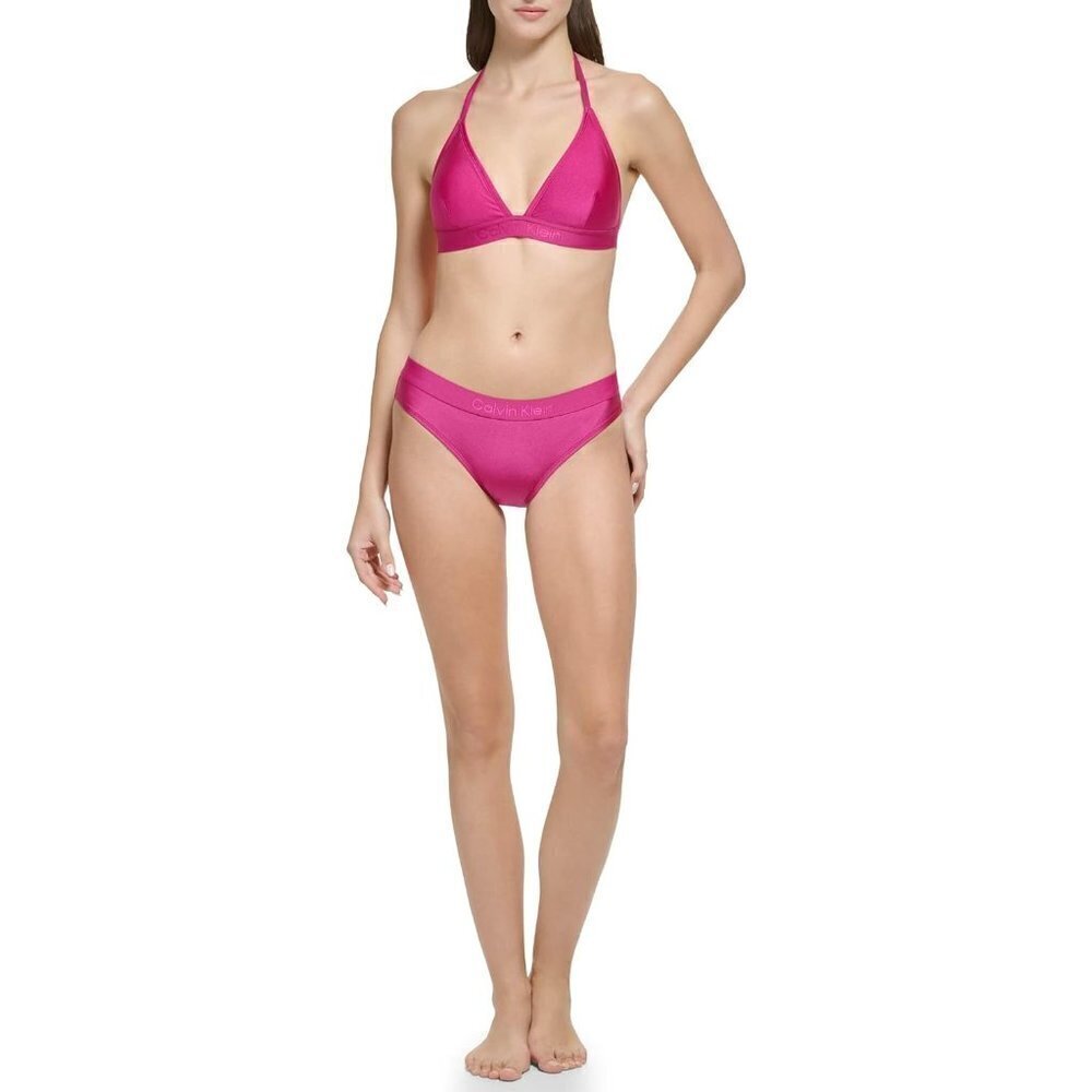 Calvin Klein Standard Removable Soft Cups Bottom Fabric Halter Tie Bikini Top 2